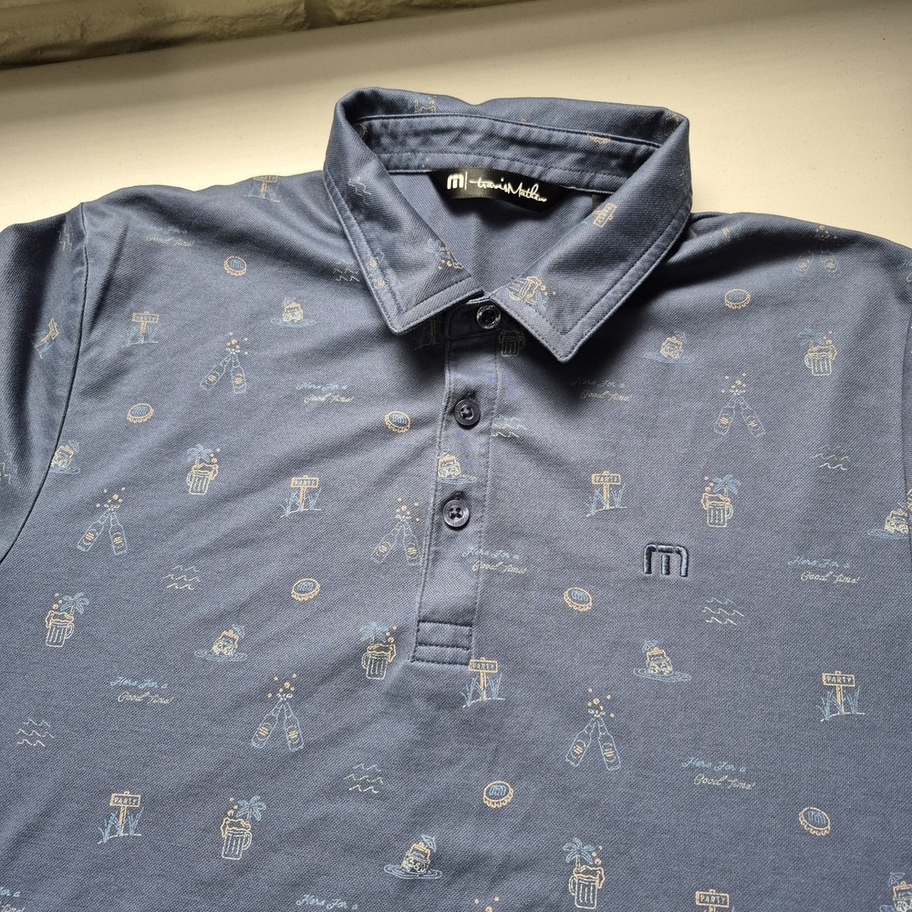 Travis Mathew Polo Shirt Mens Medium Slate Blue Golf Beer Beach Party‎ Pima Logo
